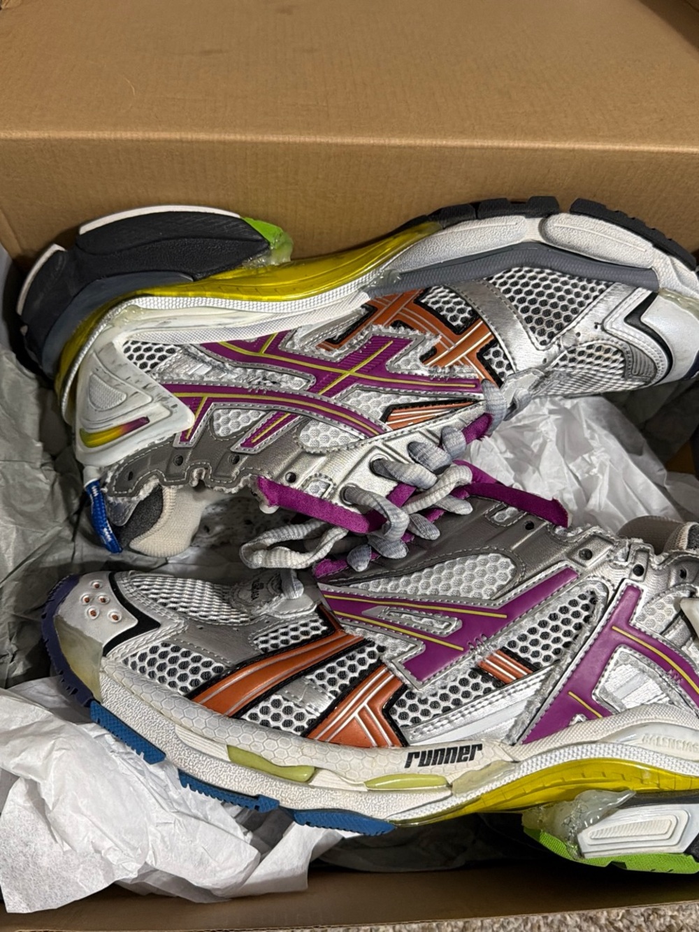 Balenciaga Silver Sneakers with Purple and Orange Accents